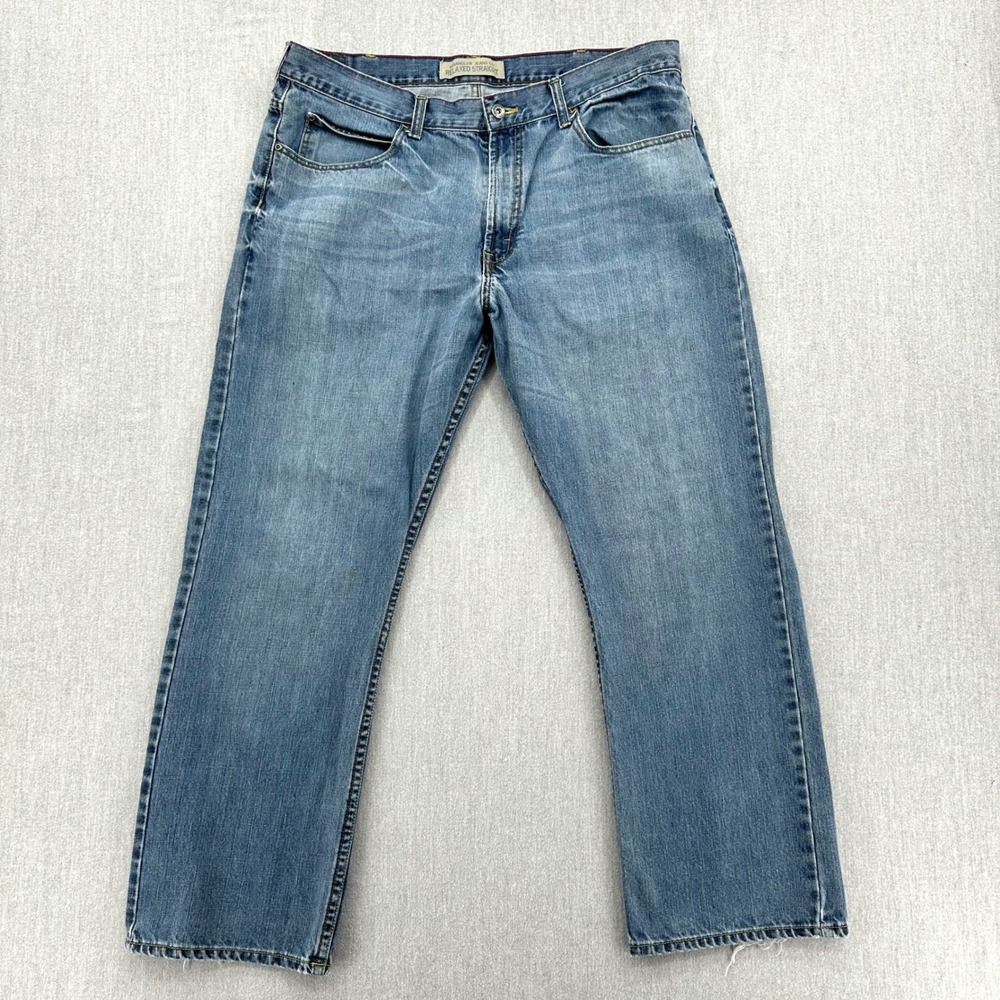 Wrangler Jeans Mens 38x30 Blue Relaxed Straight Denim Pants Faded Distressed Hem